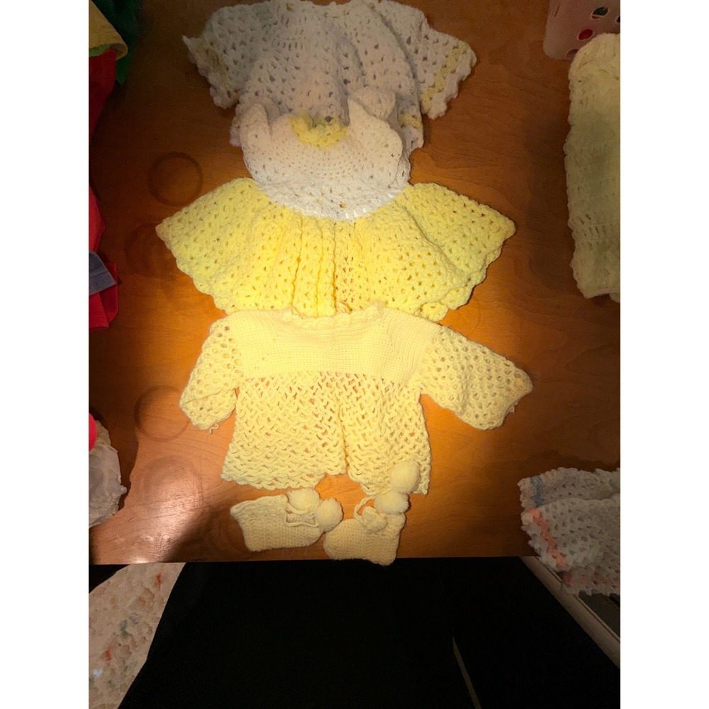 Vintage Hand Crocheted Doll Clothes Set Yellow White Cardigan Dress Booties